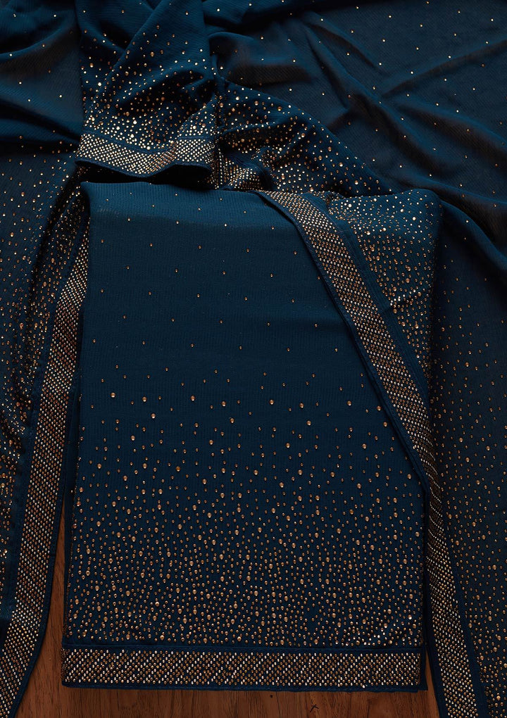 Peacock Blue Swarovski Georgette Designer Unstitched Salwar Suit - koskii