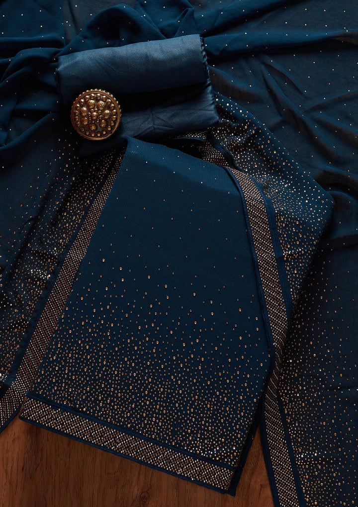 Peacock Blue Swarovski Georgette Designer Unstitched Salwar Suit - koskii