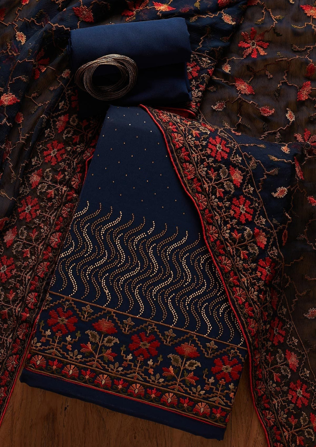 Peacock Blue Swarovski Georgette Designer Unstitched Salwar Suit - koskii