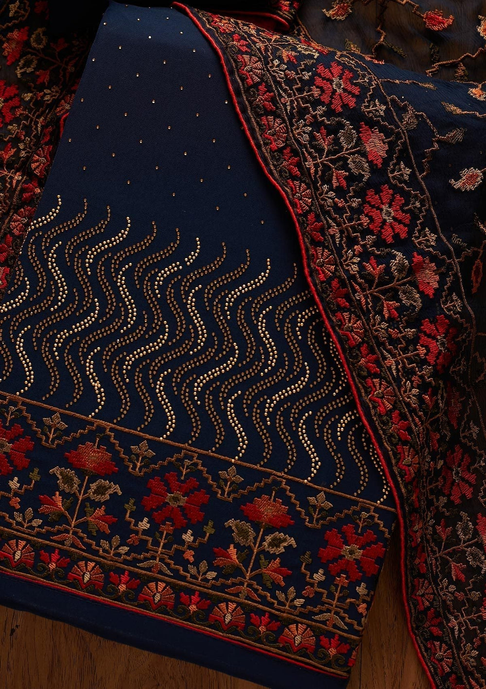Peacock Blue Swarovski Georgette Designer Unstitched Salwar Suit - koskii