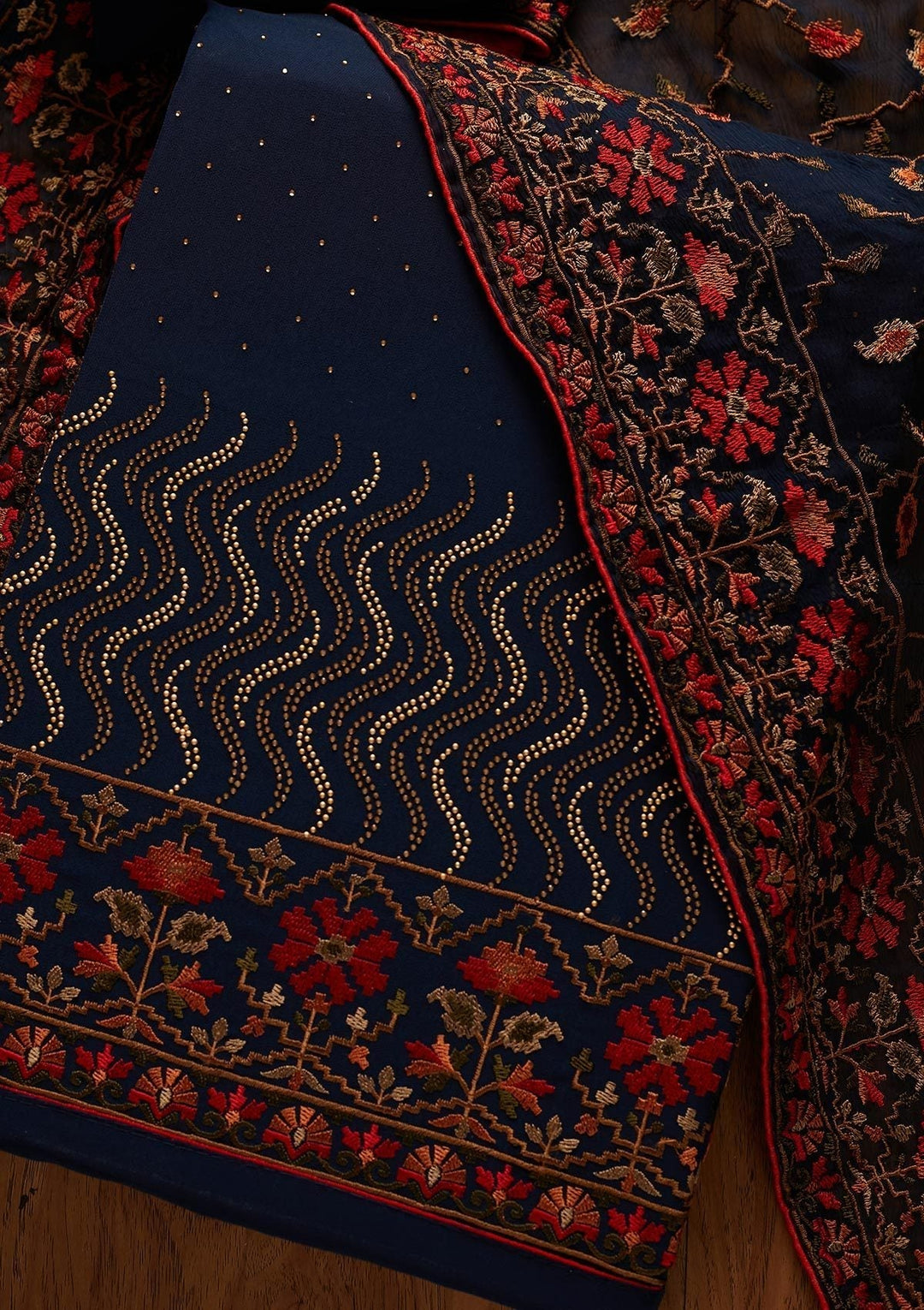 Peacock Blue Swarovski Georgette Designer Unstitched Salwar Suit - koskii