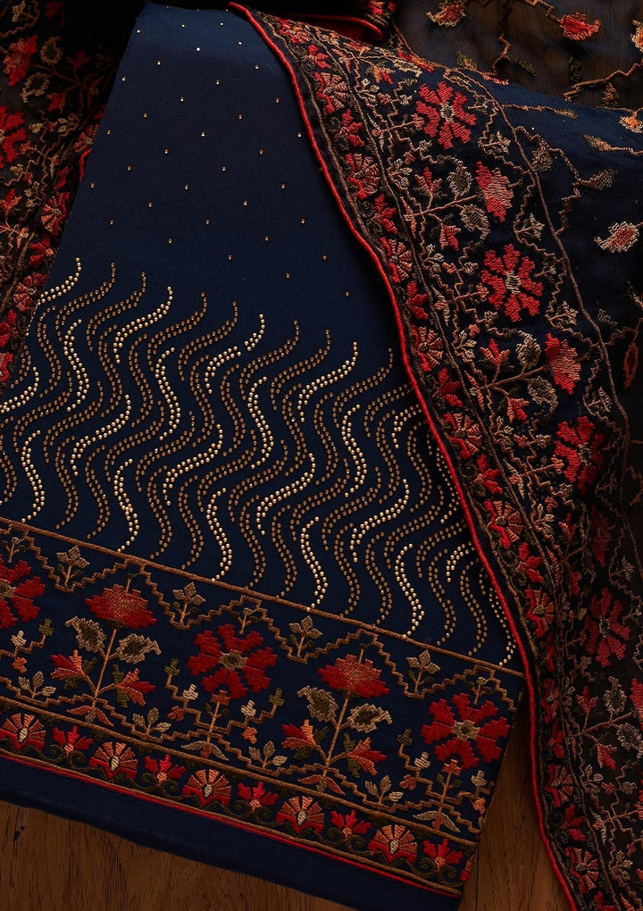 Peacock Blue Swarovski Georgette Designer Unstitched Salwar Suit - koskii