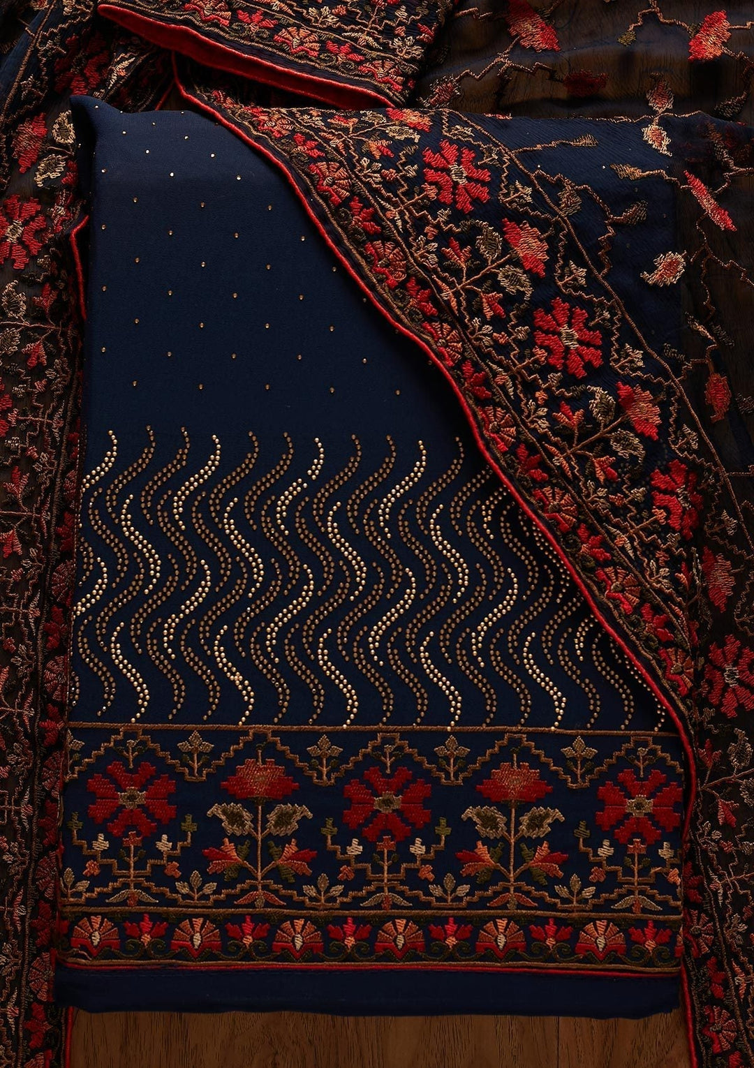 Peacock Blue Swarovski Georgette Designer Unstitched Salwar Suit - koskii