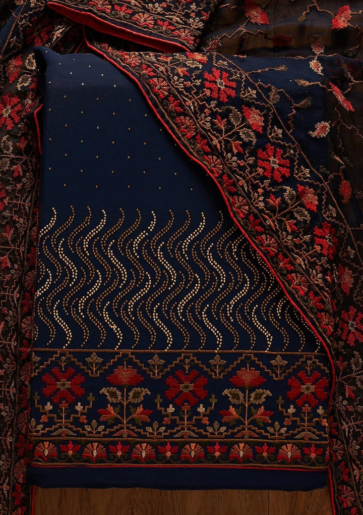 Peacock Blue Swarovski Georgette Designer Unstitched Salwar Suit - koskii