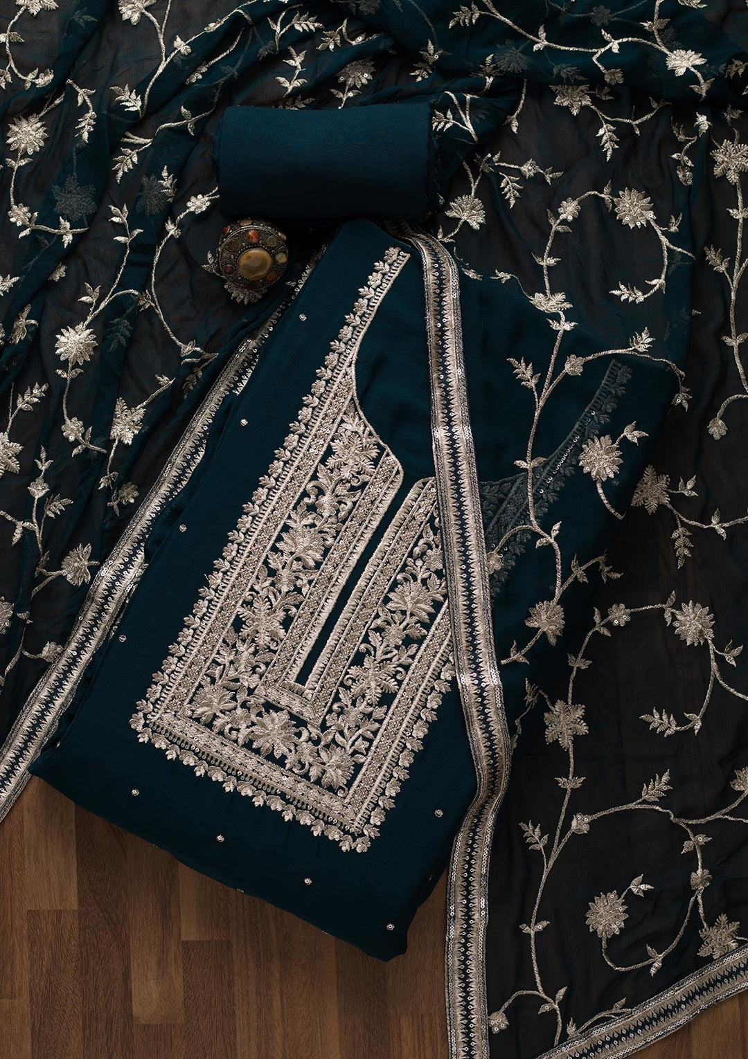 Peacock Blue Swarovski Georgette Unstitched Salwar Suit-Koskii