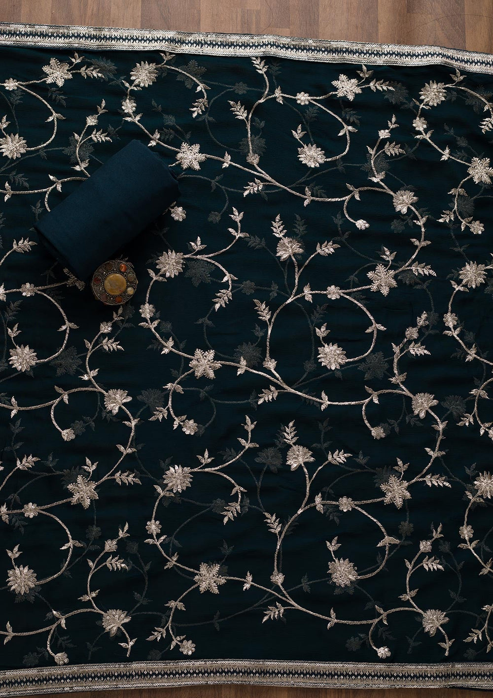 Peacock Blue Swarovski Georgette Unstitched Salwar Suit-Koskii