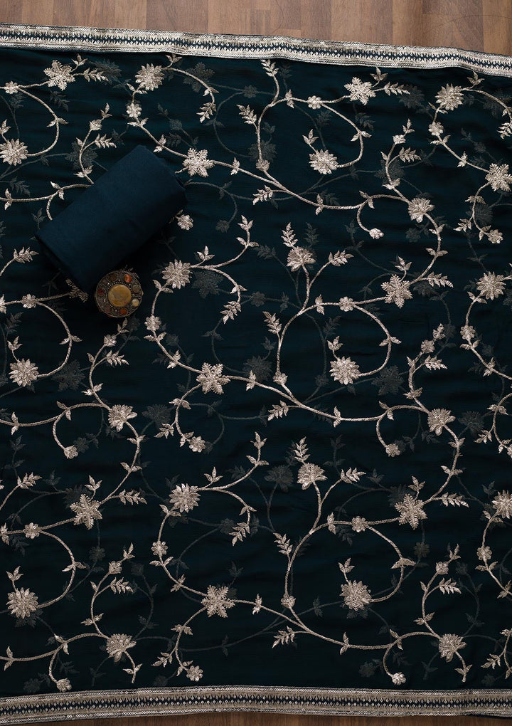 Peacock Blue Swarovski Georgette Unstitched Salwar Suit-Koskii