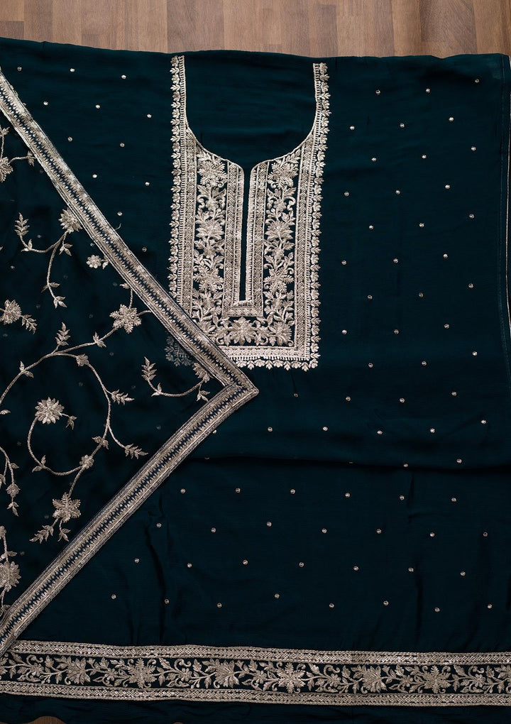 Peacock Blue Swarovski Georgette Unstitched Salwar Suit-Koskii