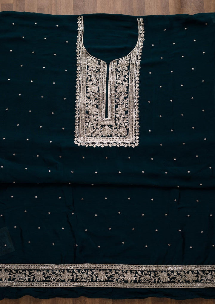 Peacock Blue Swarovski Georgette Unstitched Salwar Suit-Koskii