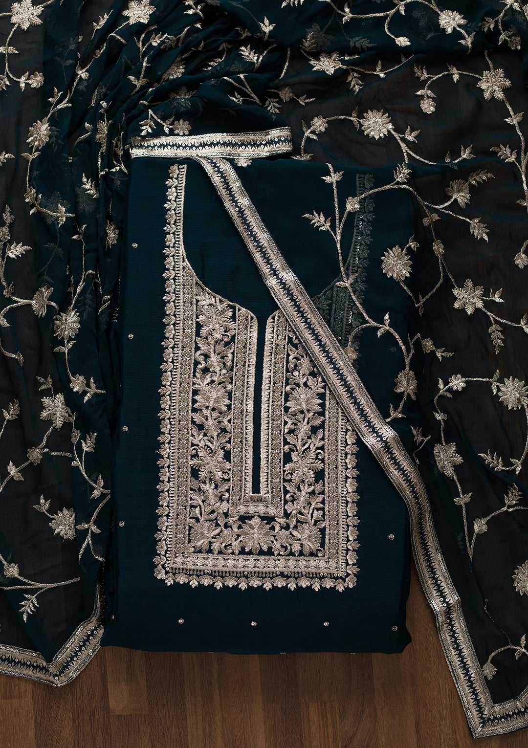 Peacock Blue Swarovski Georgette Unstitched Salwar Suit-Koskii