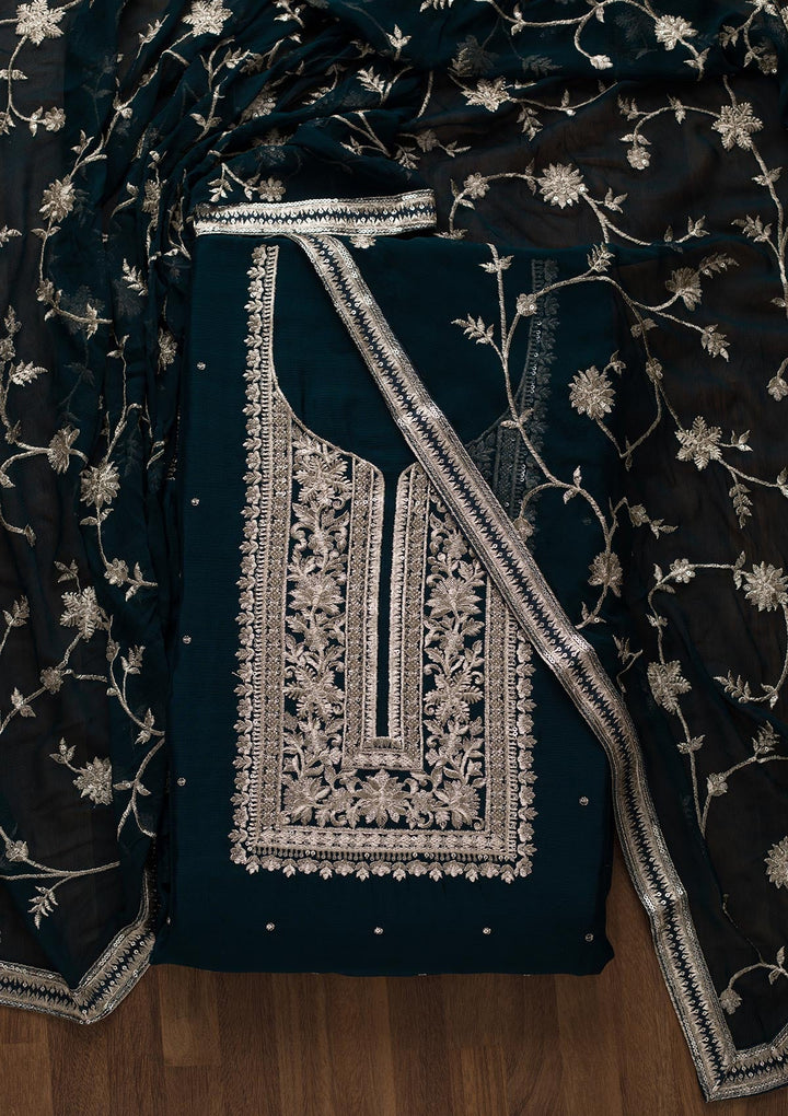 Peacock Blue Swarovski Georgette Unstitched Salwar Suit-Koskii