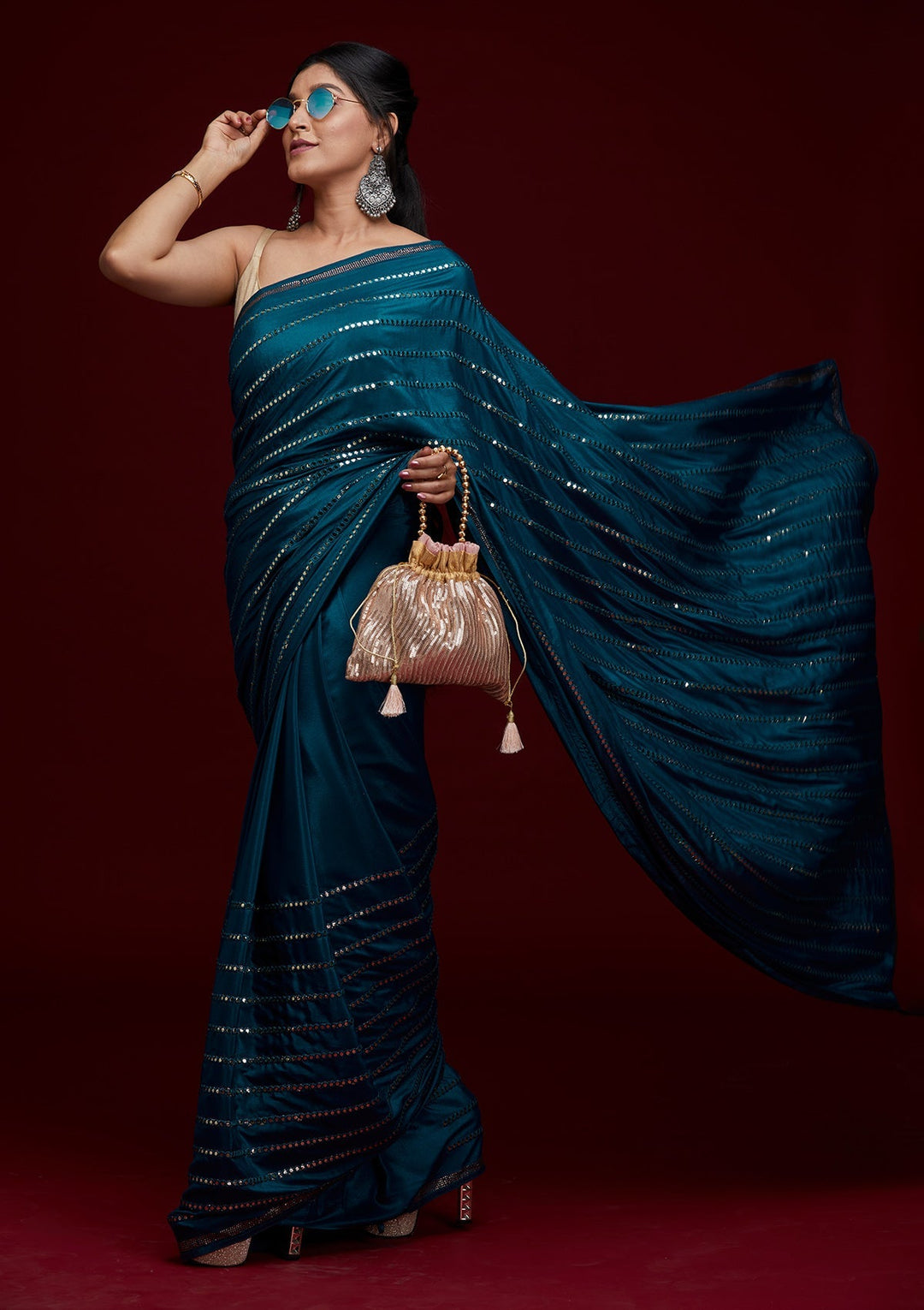 Peacock Blue Swarovski Georgette Saree- Koskii