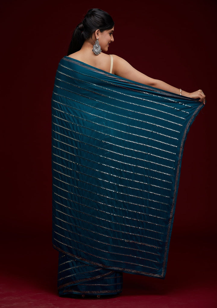 Peacock Blue Swarovski Georgette Saree - Koskii