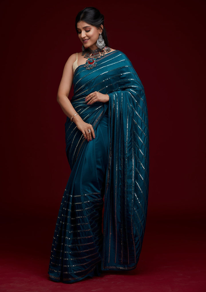Peacock Blue Swarovski Georgette Saree - Koskii