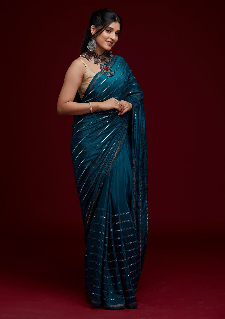 Peacock Blue Swarovski Georgette Saree - Koskii