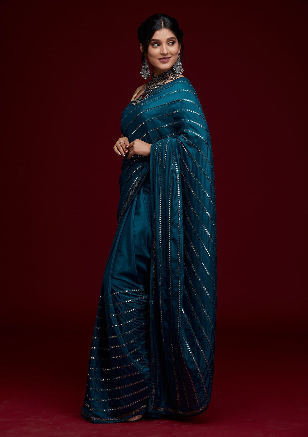 Peacock Blue Swarovski Georgette Saree - Koskii