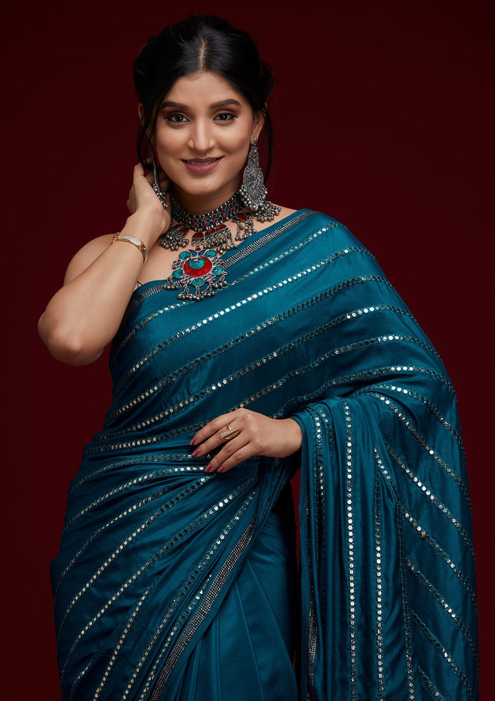 Peacock Blue Swarovski Georgette Saree - Koskii