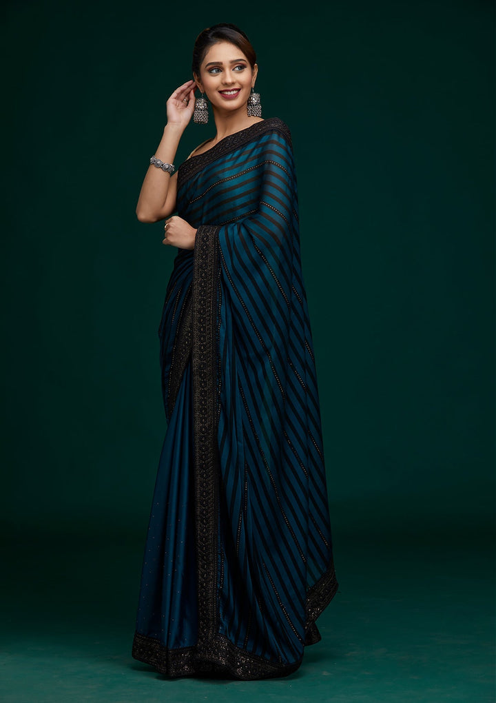 Peacock Blue Swarovski Georgette Saree - Koskii