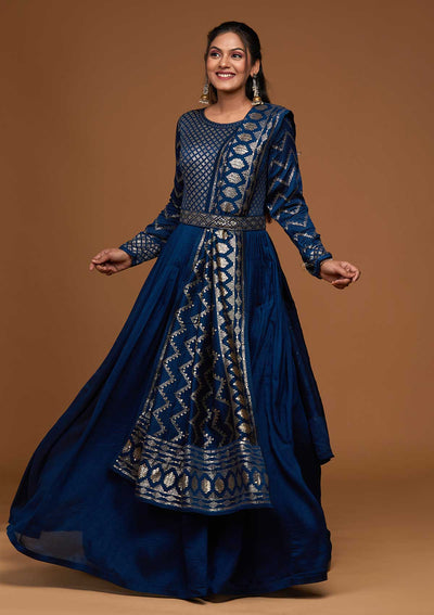 Peacock Blue Swarovski Raw Silk Designer Anarkali Suit-Koskii