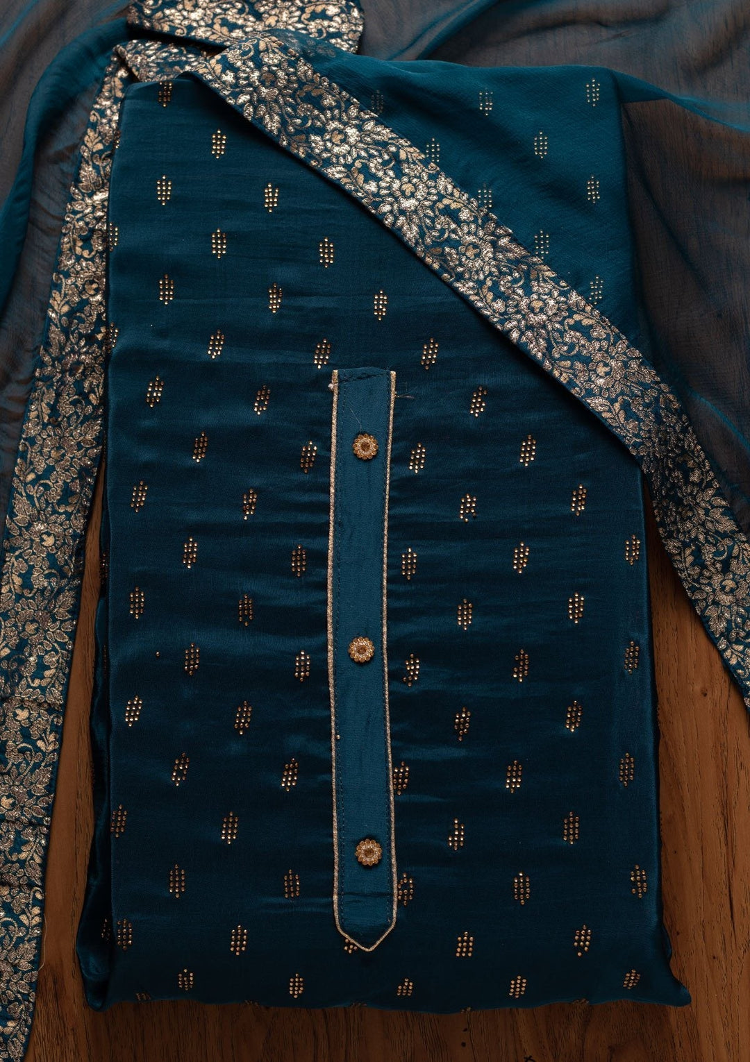 Peacock Blue Swarovski Satin Designer Unstitched Salwar Suit - koskii