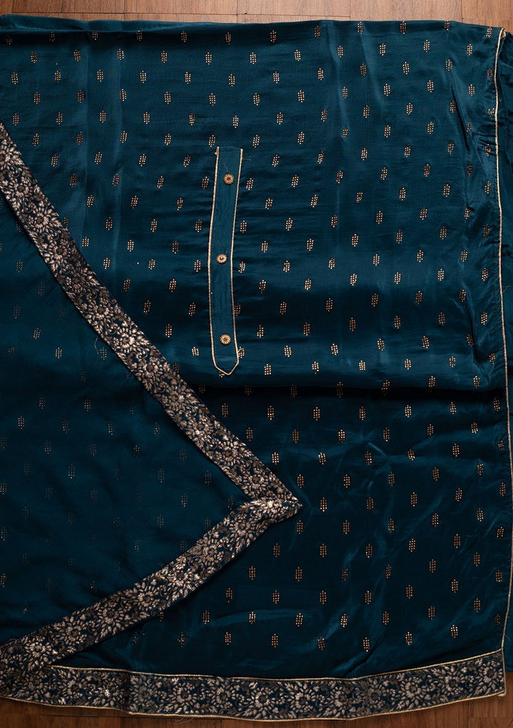 Peacock Blue Swarovski Satin Designer Unstitched Salwar Suit - koskii