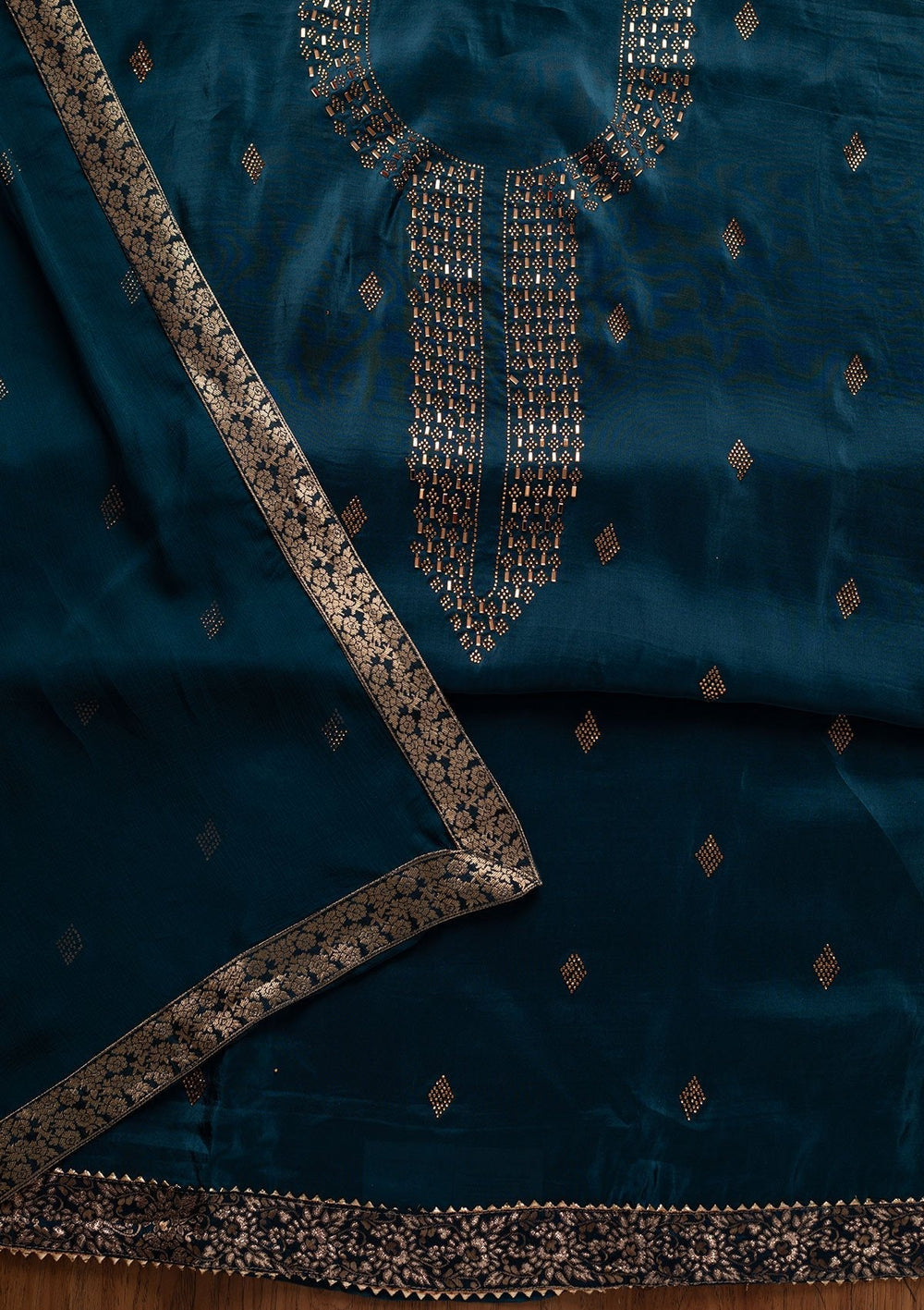 Peacock Blue Swarovski Satin Designer Unstitched Salwar Suit - koskii