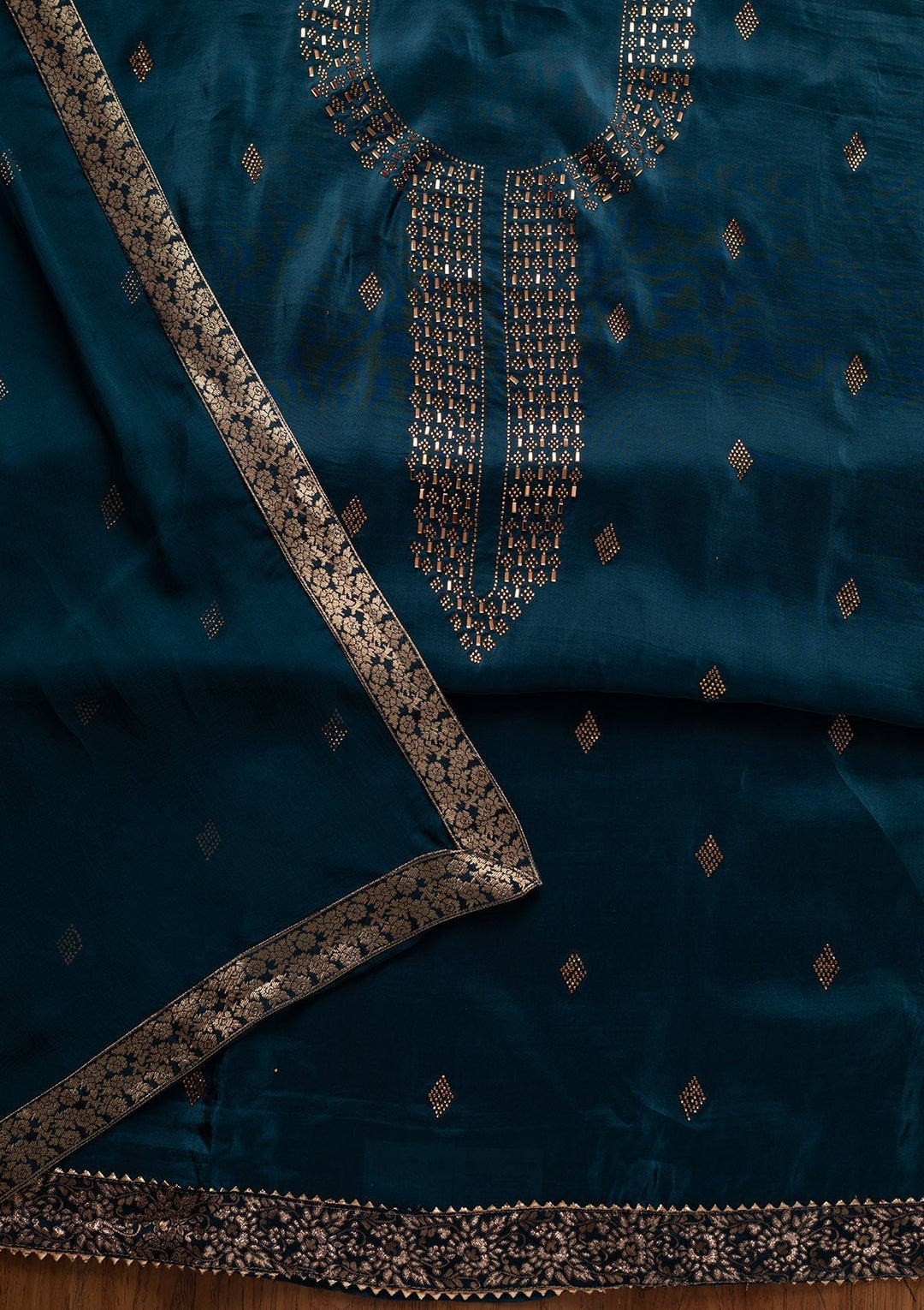 Peacock Blue Swarovski Satin Designer Unstitched Salwar Suit - koskii