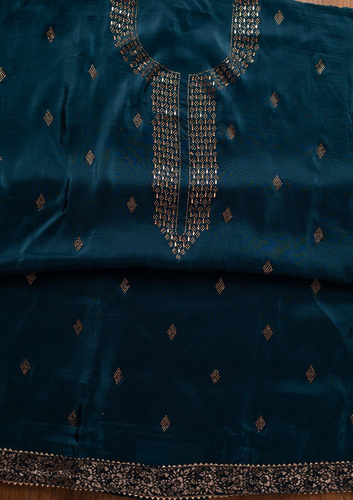 Peacock Blue Swarovski Satin Designer Unstitched Salwar Suit - koskii