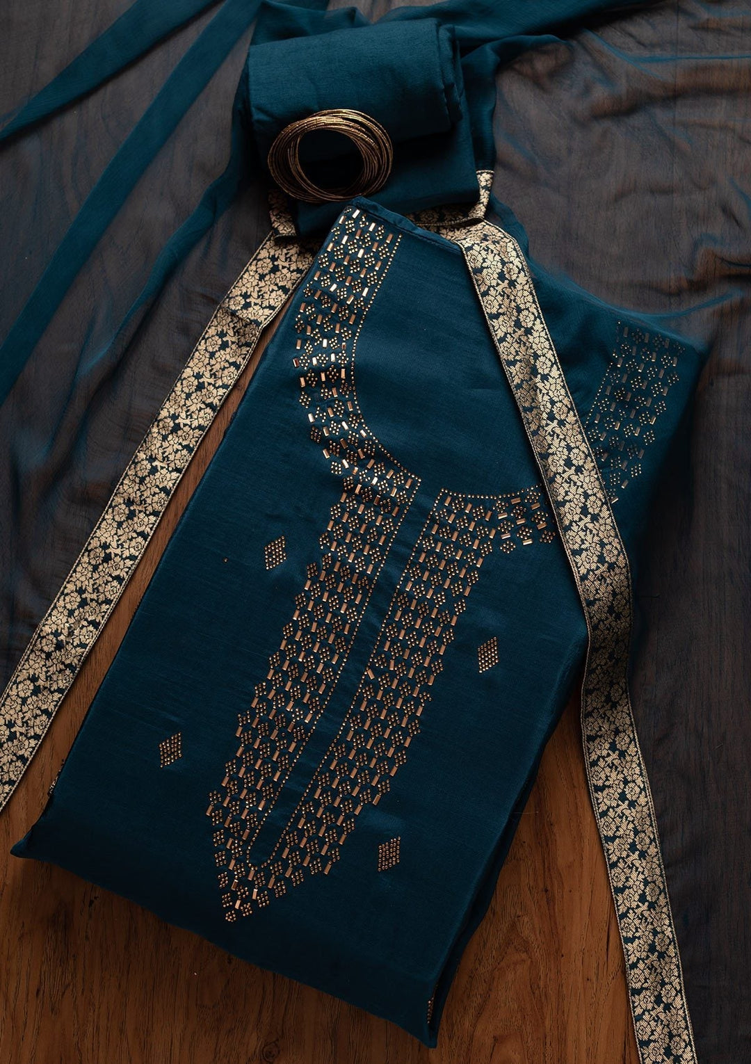 Peacock Blue Swarovski Satin Designer Unstitched Salwar Suit - koskii