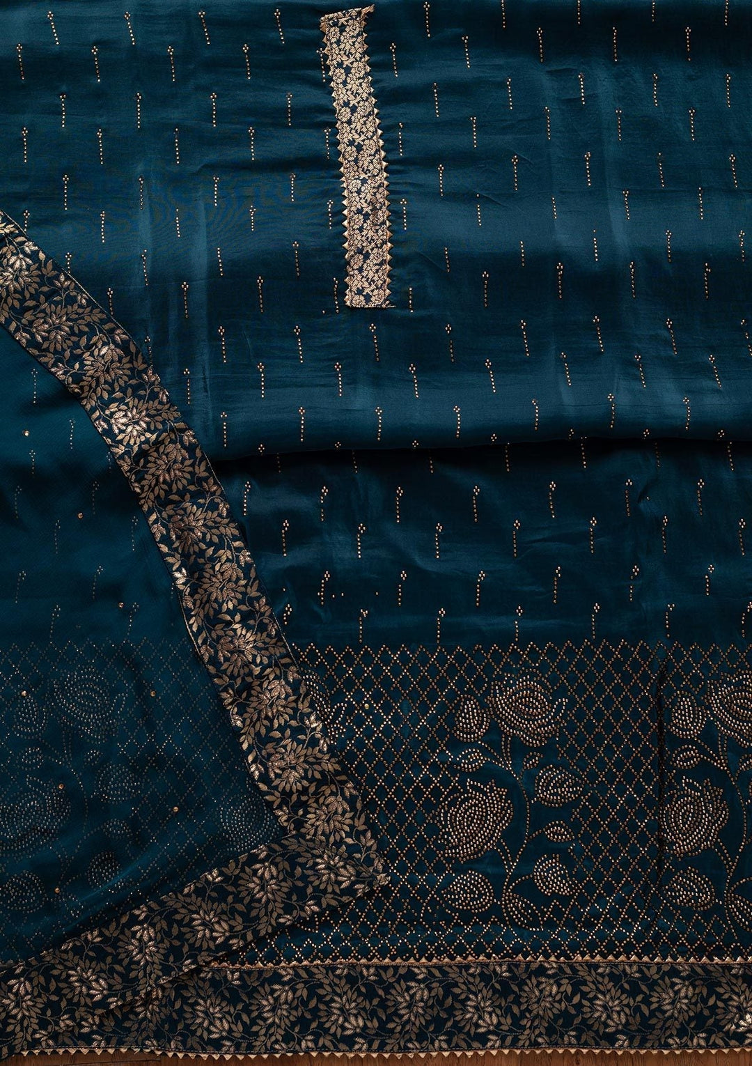 Peacock Blue Swarovski Satin Designer Unstitched Salwar Suit - koskii