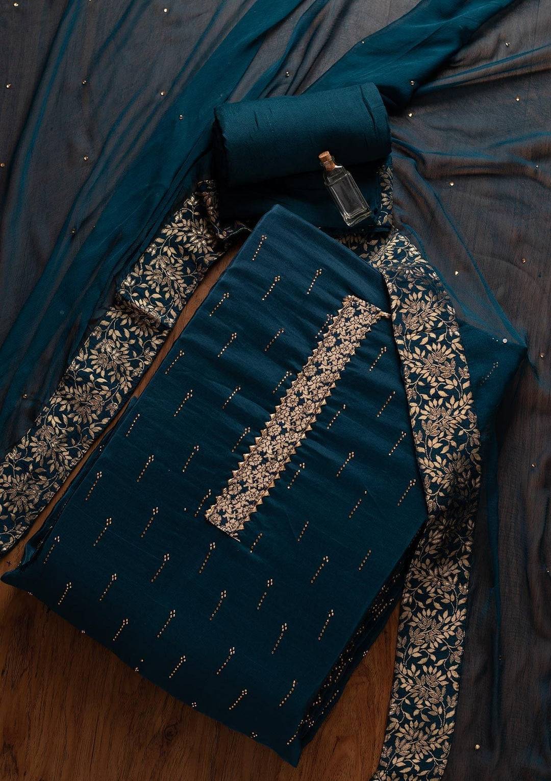 Peacock Blue Swarovski Satin Designer Unstitched Salwar Suit - koskii