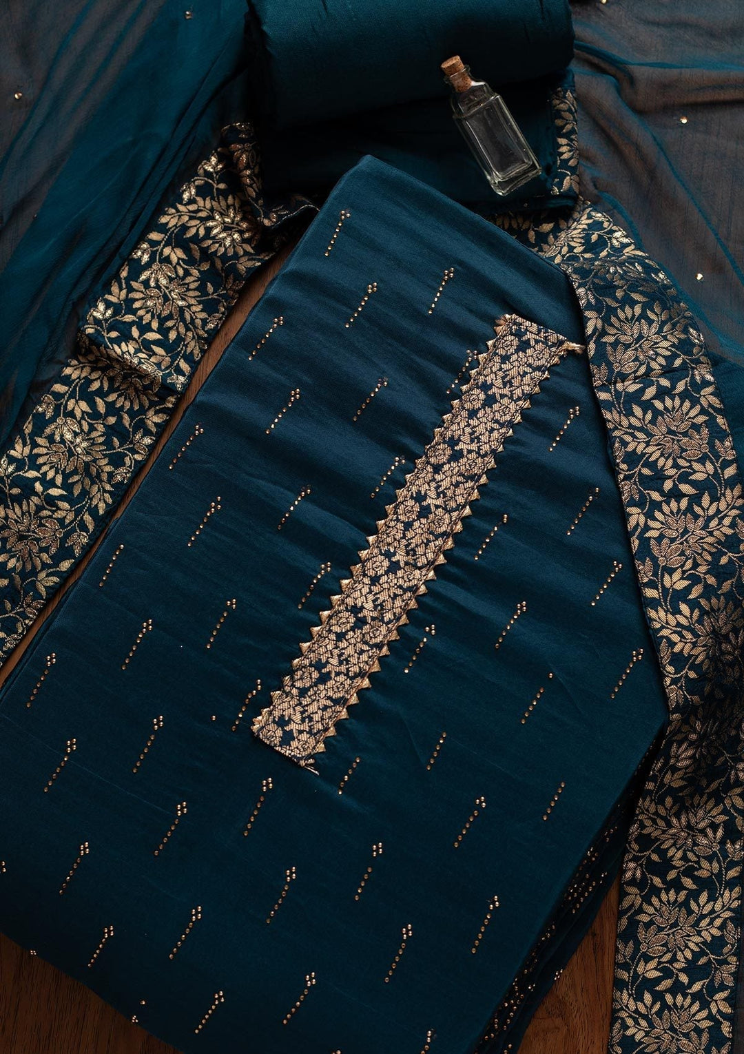 Peacock Blue Swarovski Satin Designer Unstitched Salwar Suit - koskii