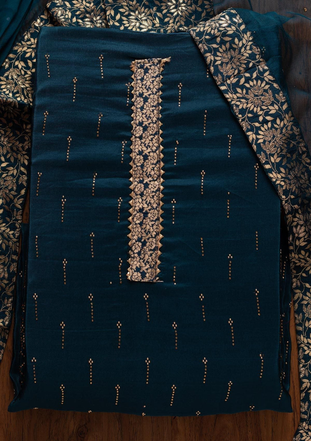 Peacock Blue Swarovski Satin Designer Unstitched Salwar Suit - koskii