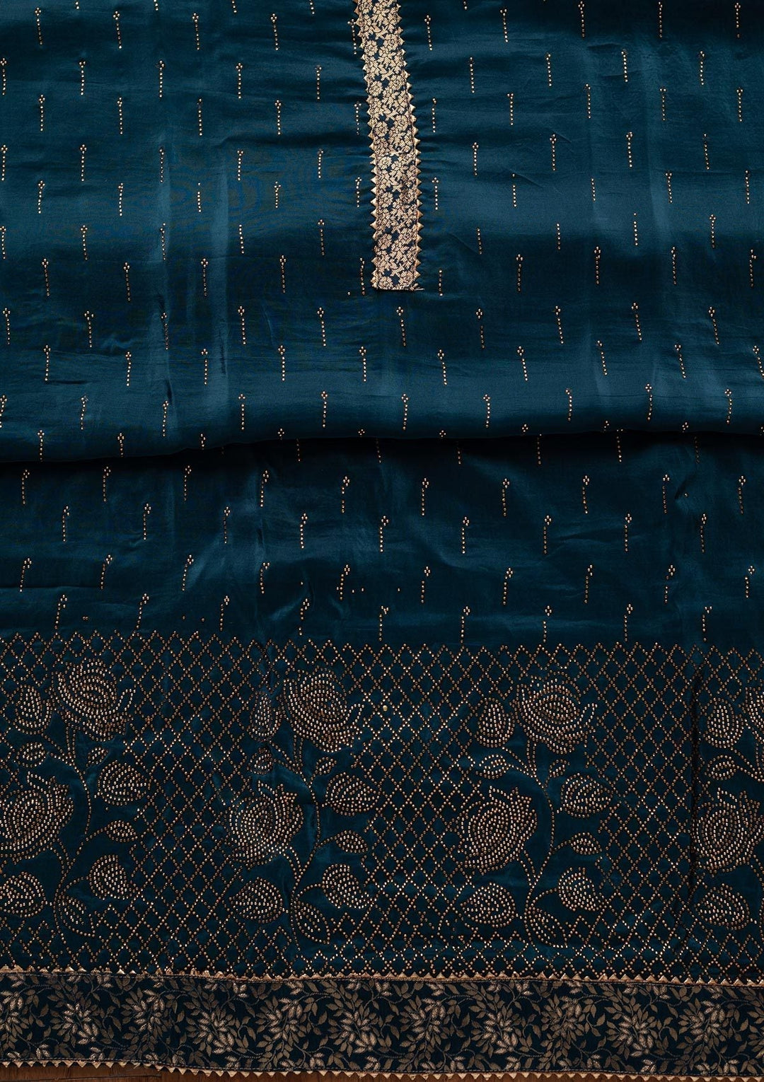 Peacock Blue Swarovski Satin Designer Unstitched Salwar Suit - koskii