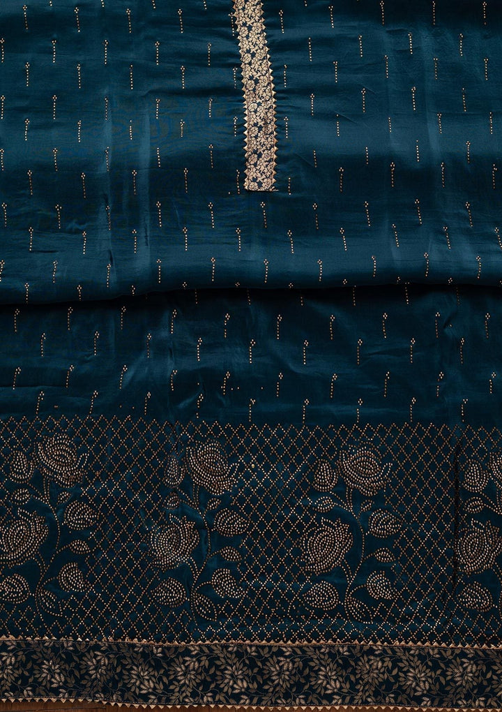 Peacock Blue Swarovski Satin Designer Unstitched Salwar Suit - koskii