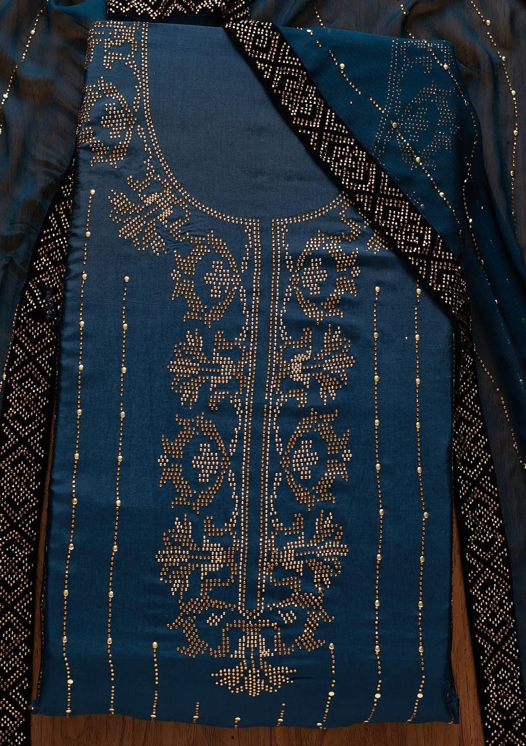 Peacock Blue Swarovski Semi Crepe Designer Unstitched Salwar Suit - koskii