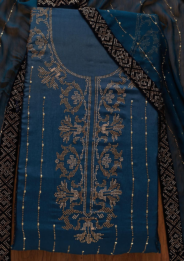Peacock Blue Swarovski Semi Crepe Designer Unstitched Salwar Suit - koskii