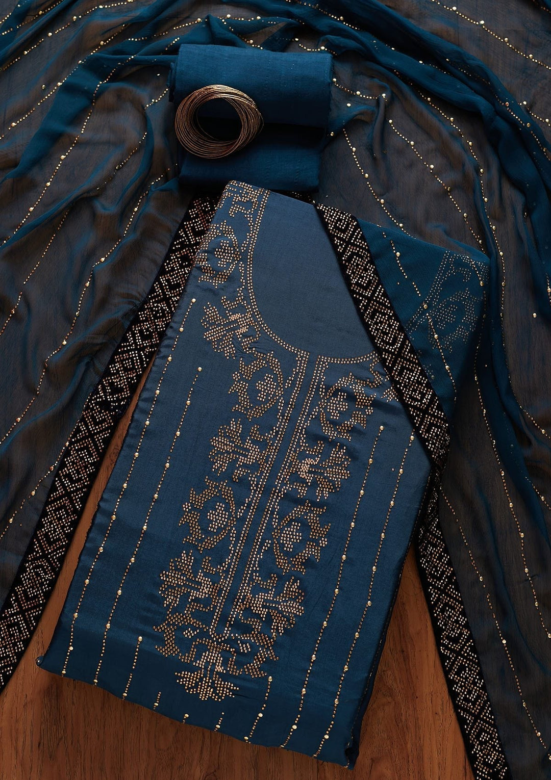 Peacock Blue Swarovski Semi Crepe Designer Unstitched Salwar Suit - koskii