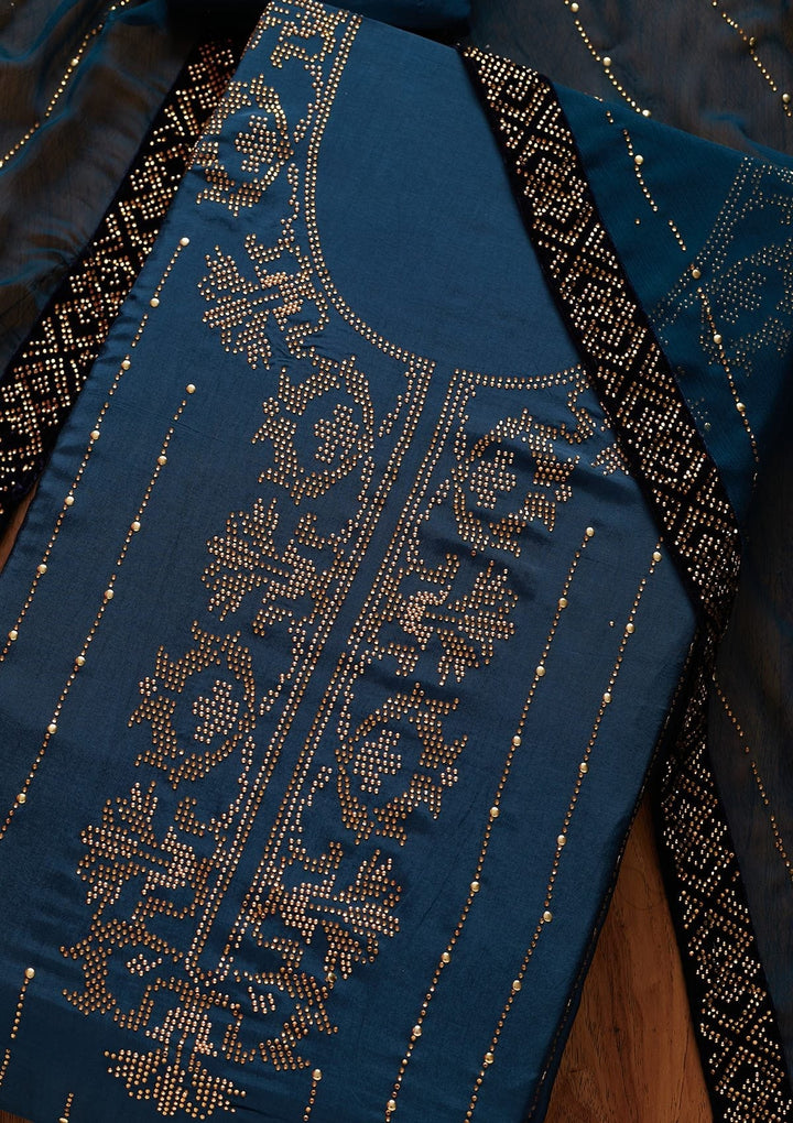 Peacock Blue Swarovski Semi Crepe Designer Unstitched Salwar Suit - koskii
