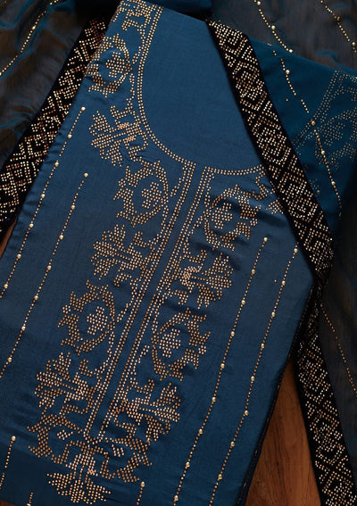 Peacock Blue Swarovski Semi Crepe Designer Unstitched Salwar Suit - koskii
