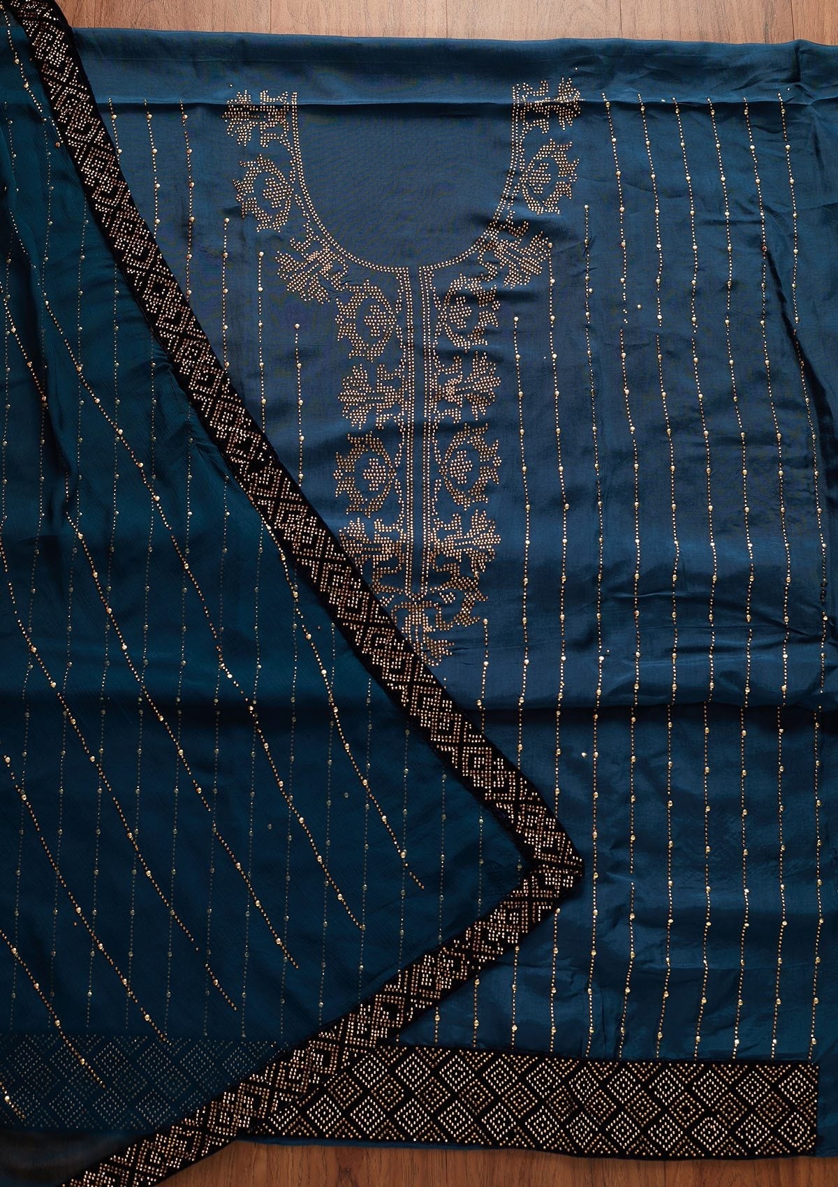 Peacock Blue Swarovski Semi Crepe Designer Unstitched Salwar Suit - koskii