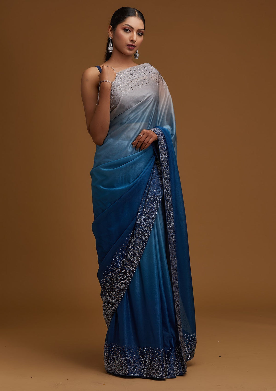 Peacock Blue Swarovski Tissue Designer Saree - Koskii