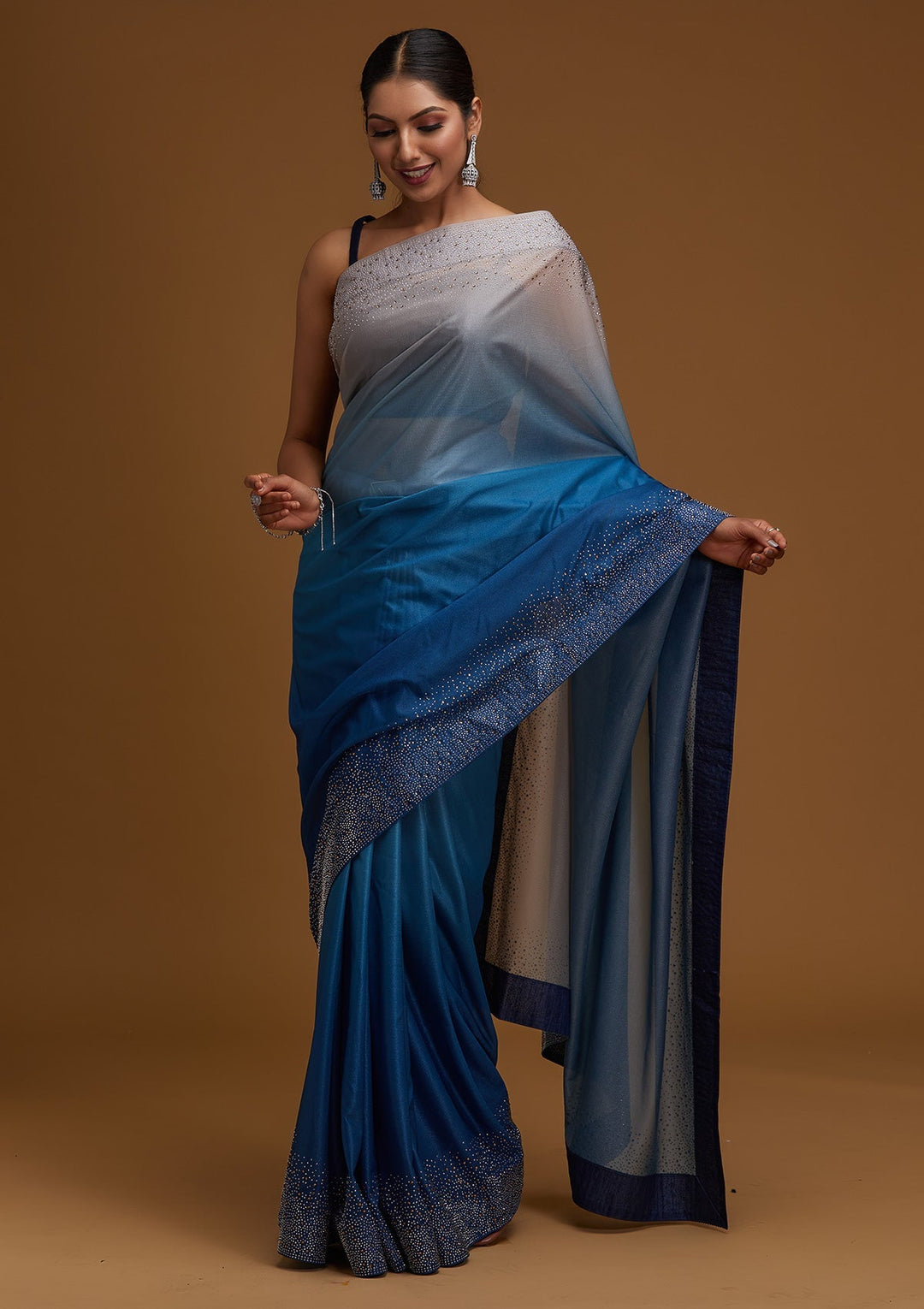 Peacock Blue Swarovski Tissue Designer Saree - Koskii