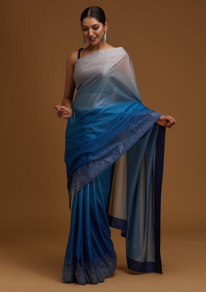 Peacock Blue Swarovski Tissue Designer Saree - Koskii