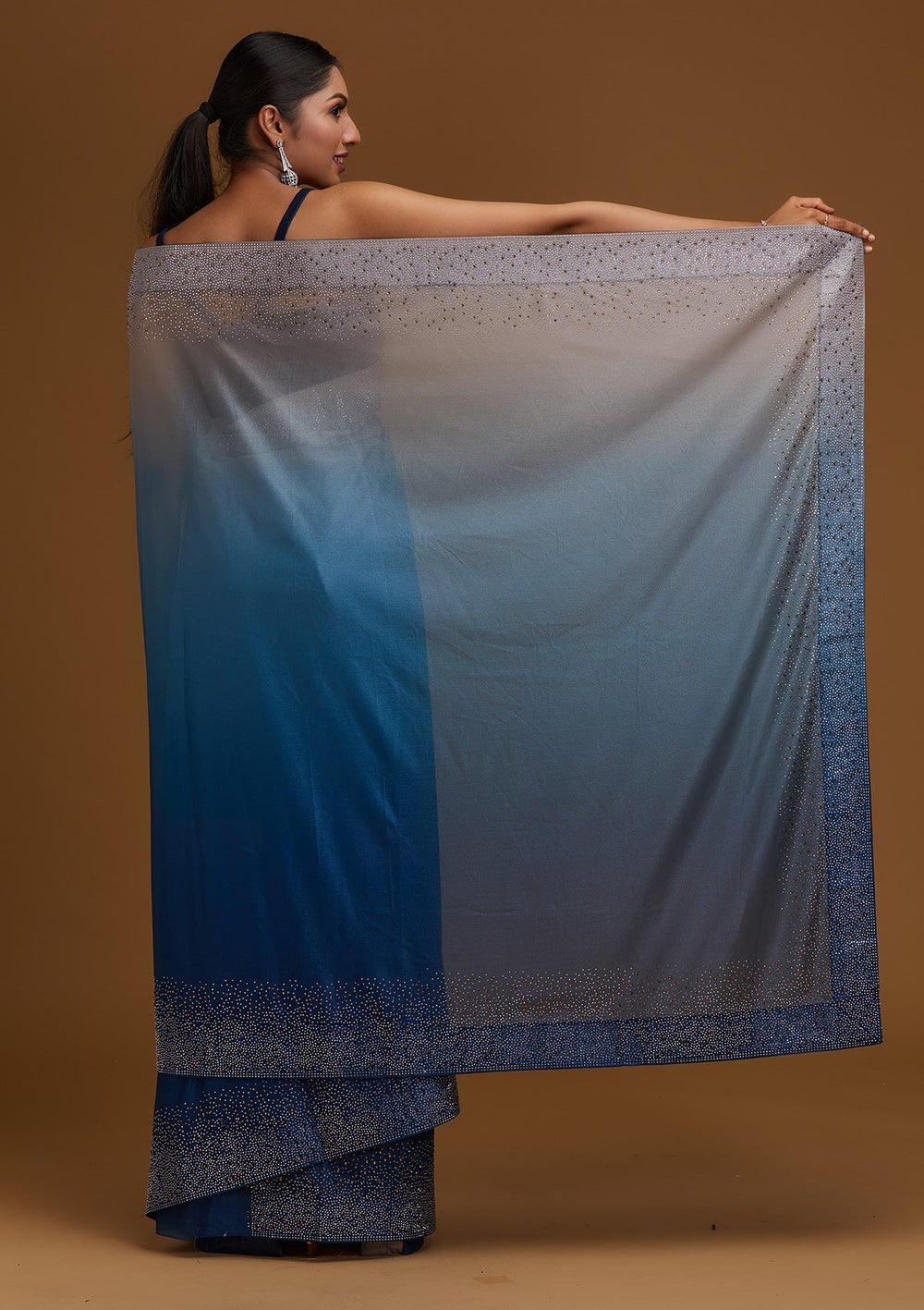 Peacock Blue Swarovski Tissue Designer Saree - Koskii