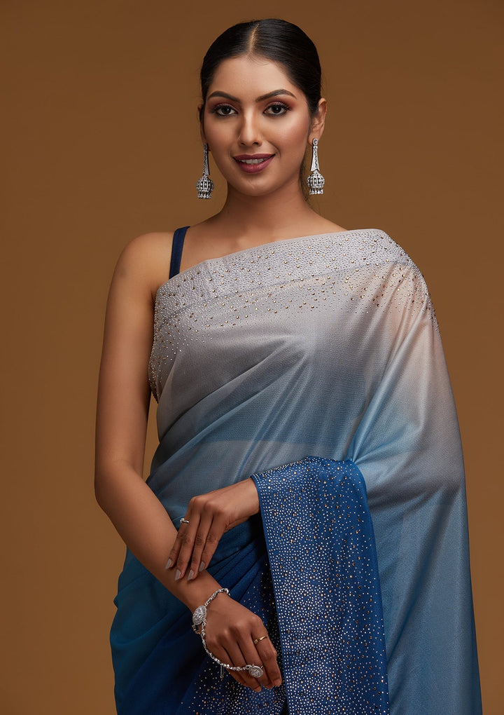 Peacock Blue Swarovski Tissue Designer Saree - Koskii