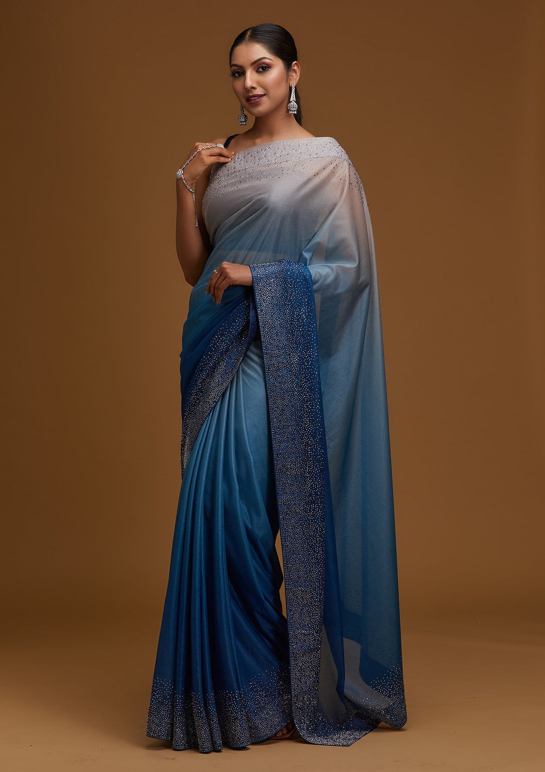 Peacock Blue Swarovski Tissue Designer Saree - Koskii
