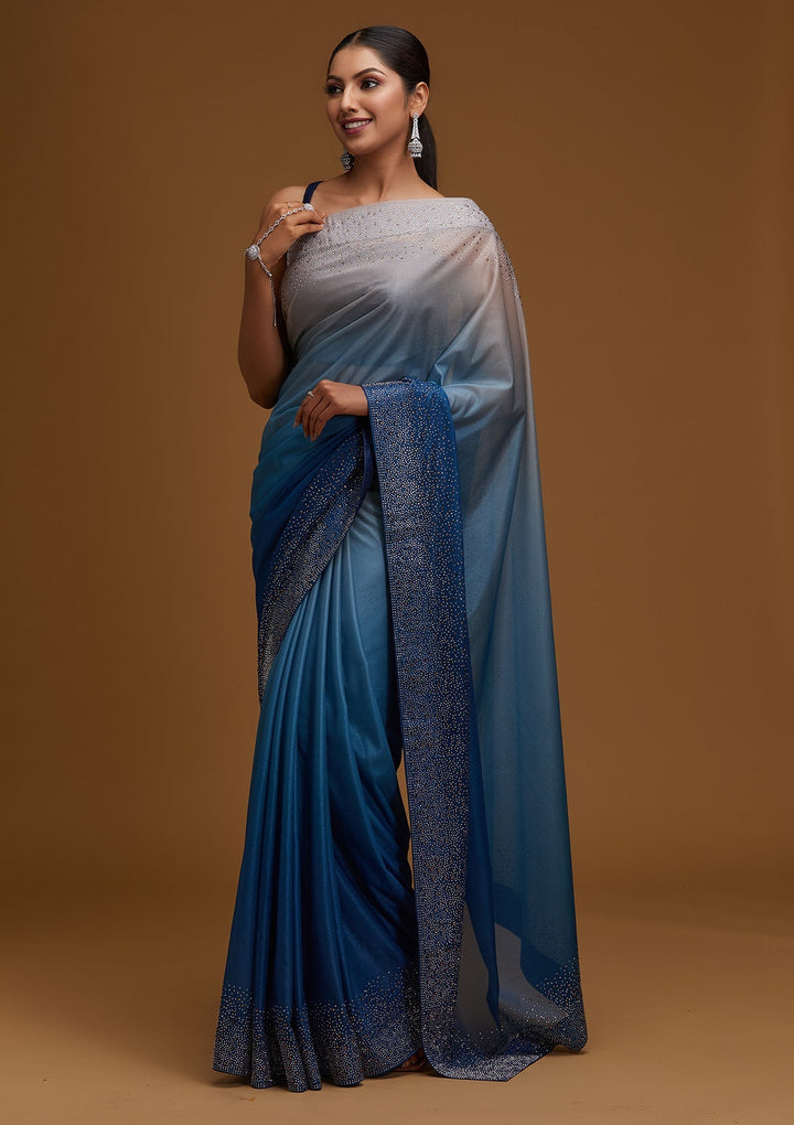 Peacock Blue Swarovski Tissue Designer Saree - Koskii