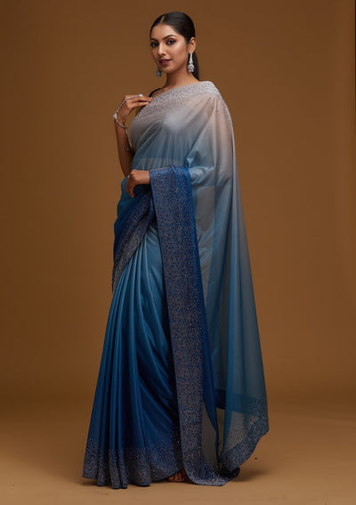 Peacock Blue Swarovski Tissue Designer Saree - Koskii