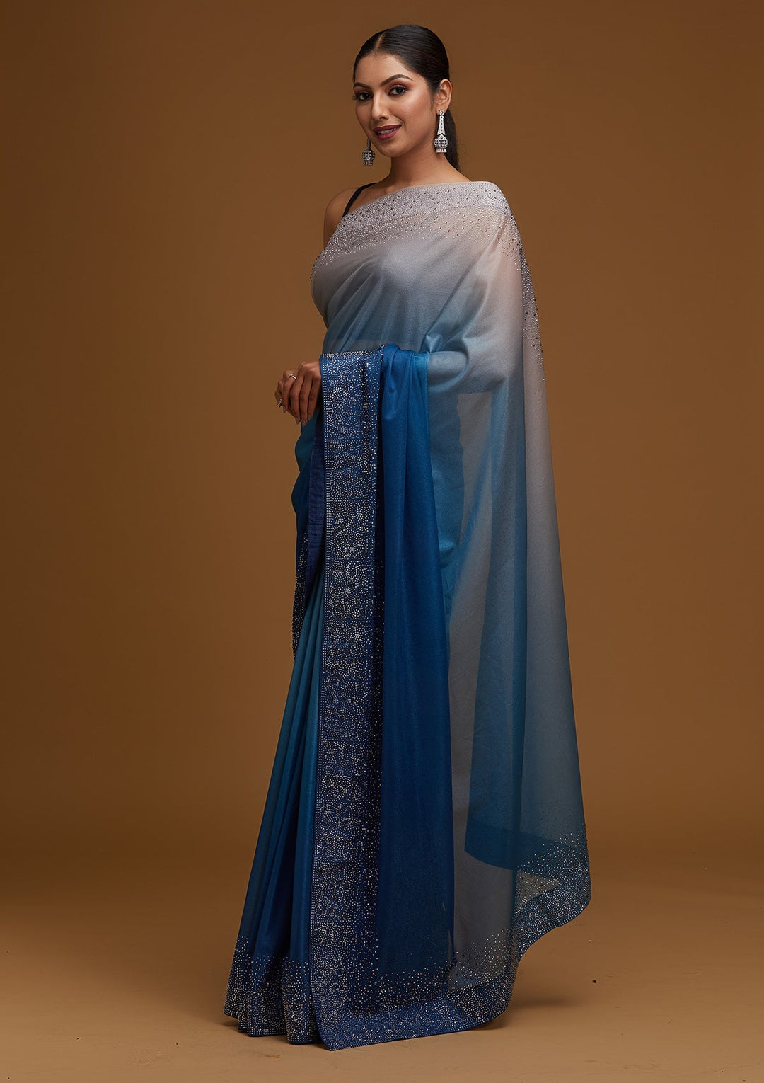 Peacock Blue Swarovski Tissue Designer Saree - Koskii